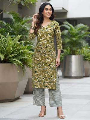 Green floral printed viscose rayon kurta set 3