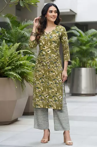 Green floral printed viscose rayon kurta set