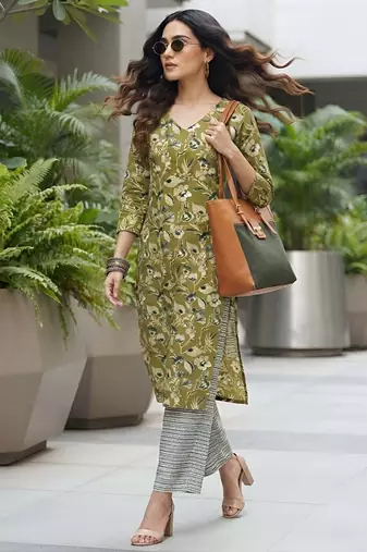Green floral printed viscose rayon kurta set