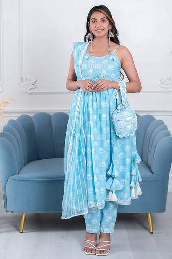 Sky blue lotus 3 piece suit set