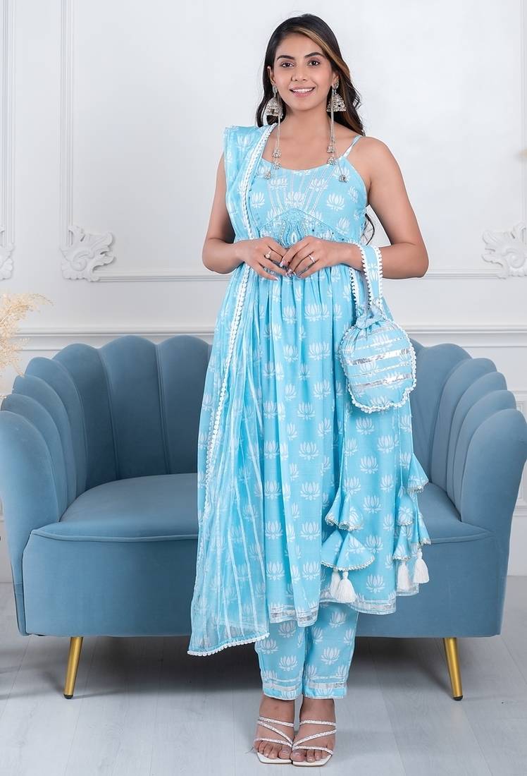 Sky blue lotus 3 piece suit set