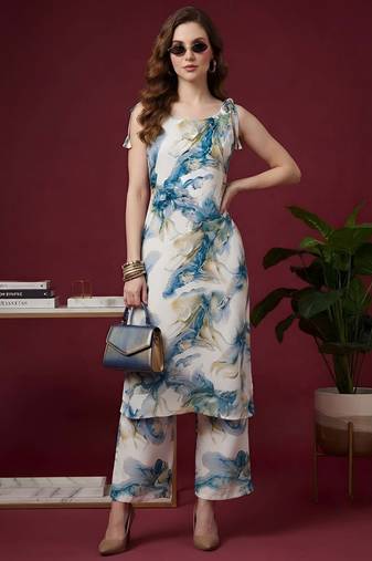 Blue floral printed viscose rayon kurta set