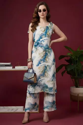 Blue floral printed viscose rayon kurta set