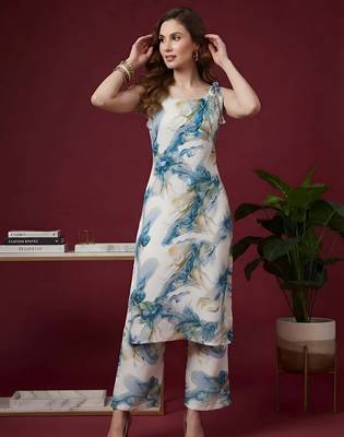 Blue floral printed viscose rayon kurta set 2