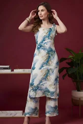 Blue floral printed viscose rayon kurta set