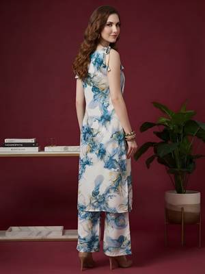 Blue floral printed viscose rayon kurta set 3