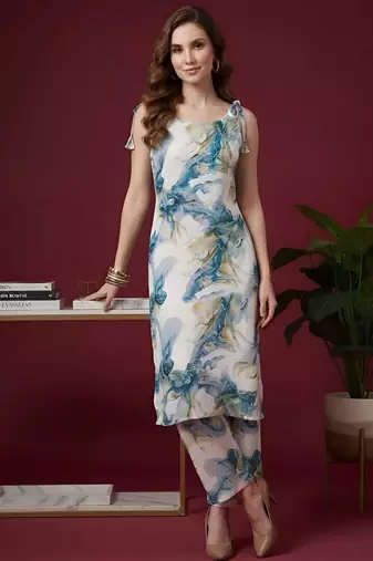 Blue floral printed viscose rayon kurta set