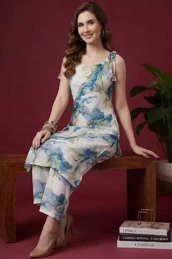 Blue floral printed viscose rayon kurta set