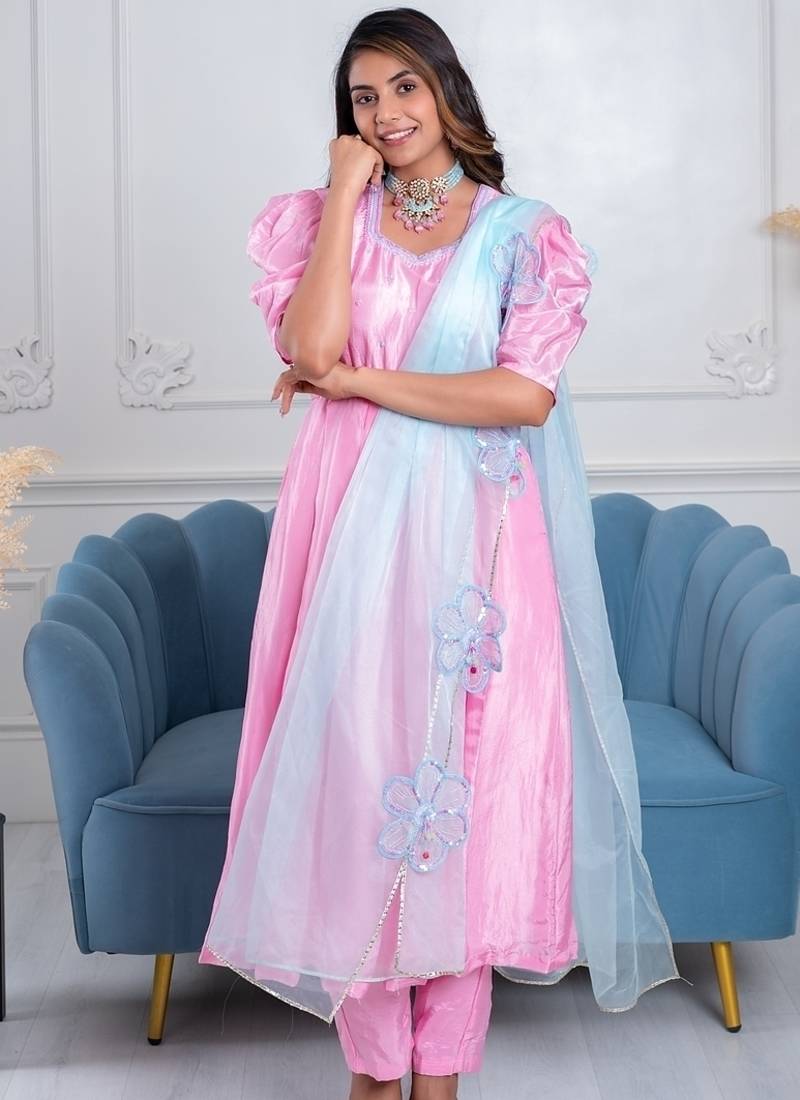 Baby pink 3 piece suit set with embellished dupatta
