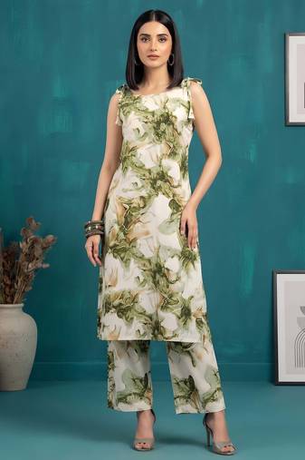 Green floral printed viscose rayon kurta set