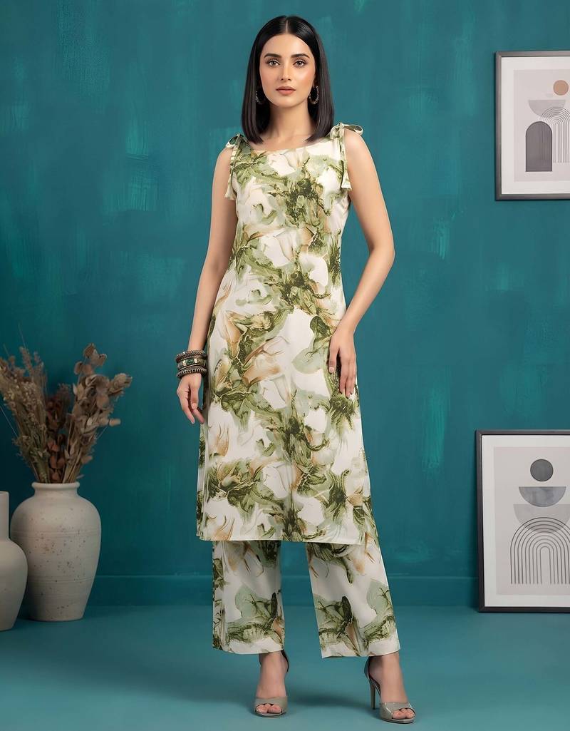 Green floral printed viscose rayon kurta set