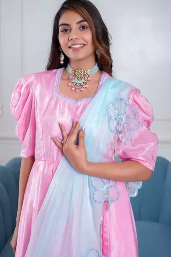 Baby pink 3 piece suit set with embellished dupatta