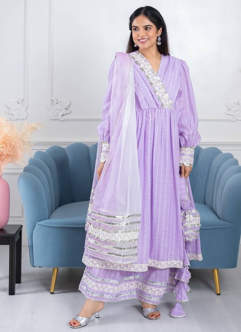 Lavender bandhani gota 3 piece suit set