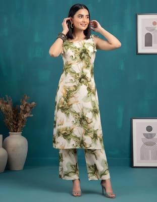 Green floral printed viscose rayon kurta set 3