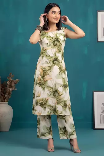 Green floral printed viscose rayon kurta set