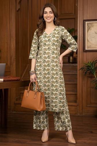 Green floral printed viscose rayon kurta set