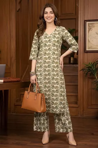 Green floral printed viscose rayon kurta set