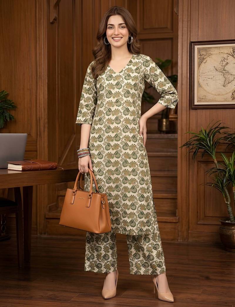 Green floral printed viscose rayon kurta set