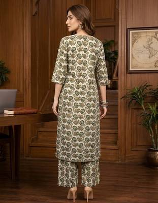 Green floral printed viscose rayon kurta set 2
