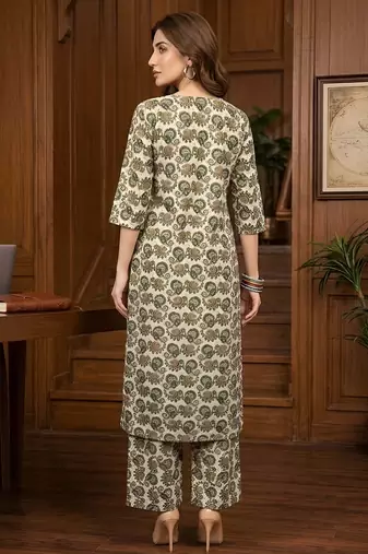 Green floral printed viscose rayon kurta set