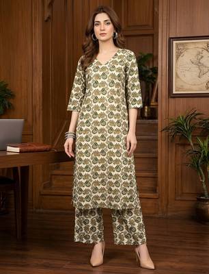 Green floral printed viscose rayon kurta set 3
