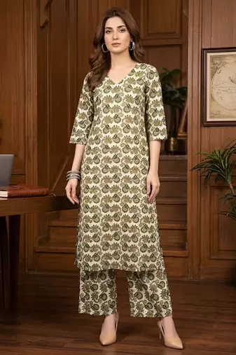 Green floral printed viscose rayon kurta set