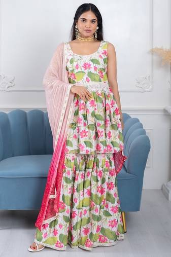 Qainat white floral 3 piece suit set