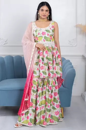 Qainat white floral 3 piece suit set