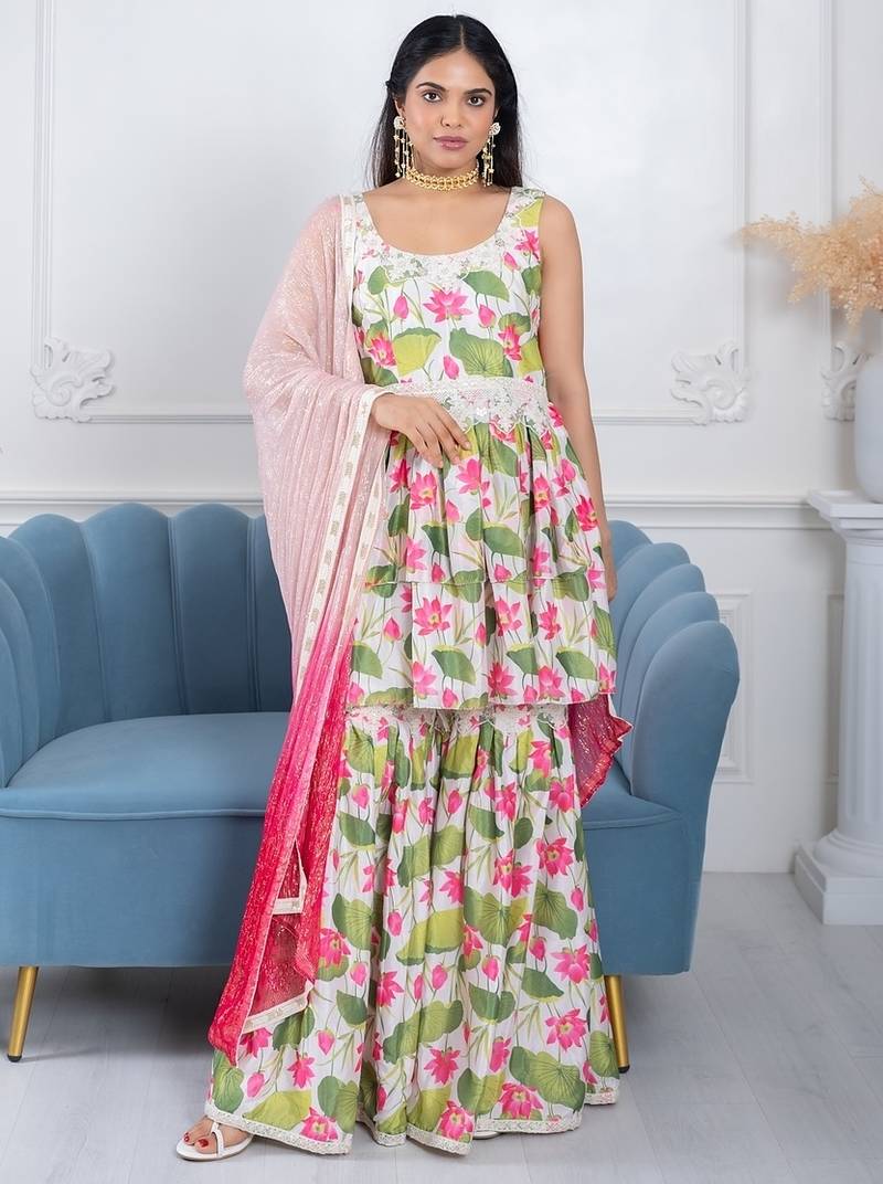 Qainat white floral 3 piece suit set