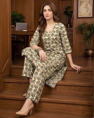Green floral printed viscose rayon kurta set 4