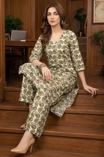 Green floral printed viscose rayon kurta set
