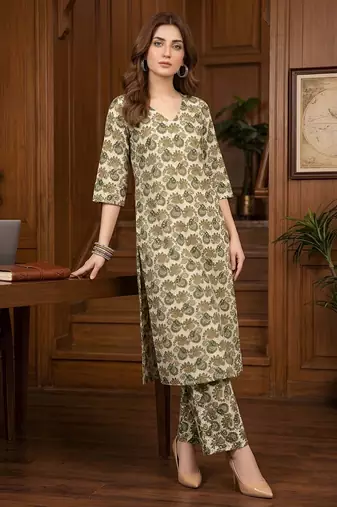 Green floral printed viscose rayon kurta set