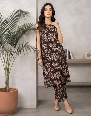 Black floral printed viscose rayon kurta set 1