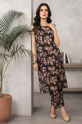 Black floral printed viscose rayon kurta set