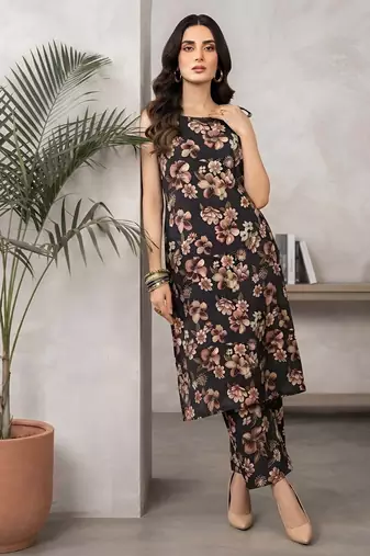 Black floral printed viscose rayon kurta set
