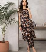 Black floral printed viscose rayon kurta set
