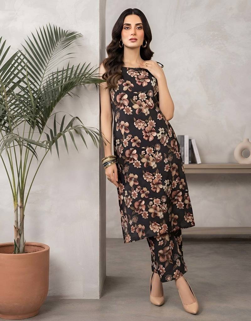 Black floral printed viscose rayon kurta set