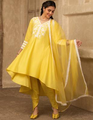 Sun kissed yellow hand embroidered  a- line chanderi suit 1