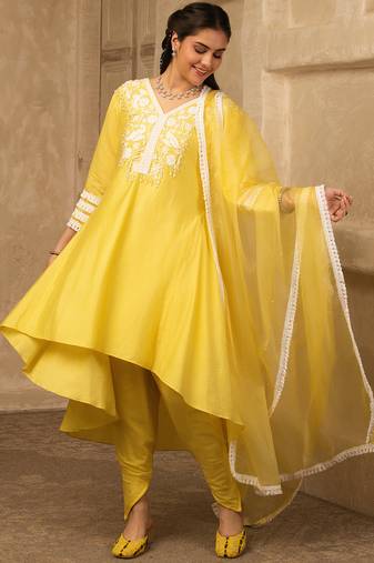 Sun kissed yellow hand embroidered  a- line chanderi suit