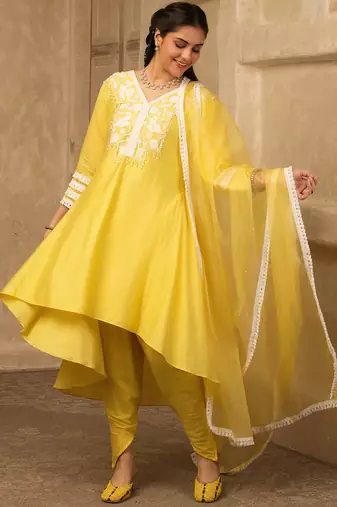 Sun kissed yellow hand embroidered  a- line chanderi suit