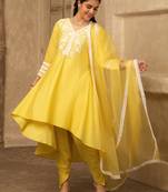 Sun kissed yellow hand embroidered  a- line chanderi suit