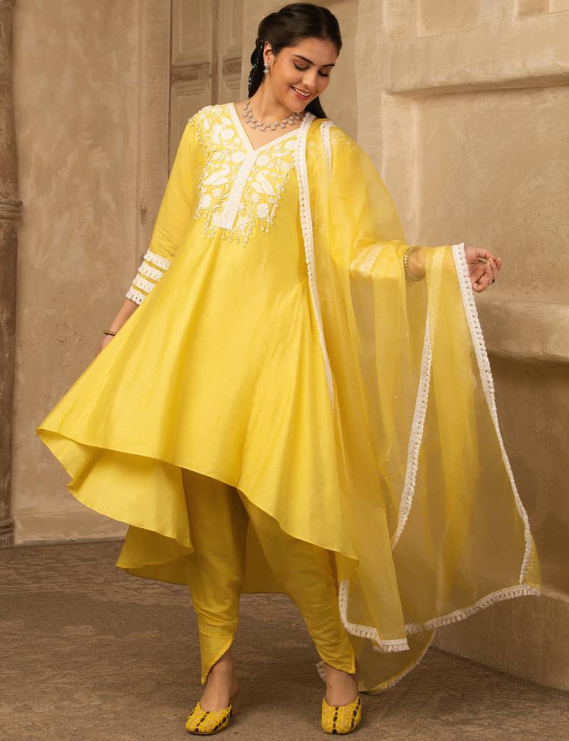 Sun kissed yellow hand embroidered  a- line chanderi suit
