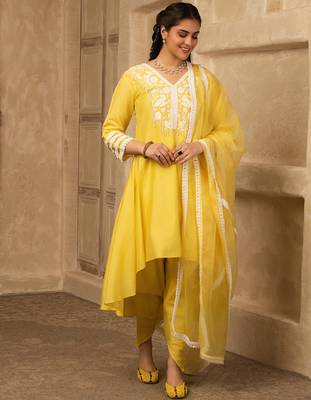 Sun kissed yellow hand embroidered  a- line chanderi suit 2