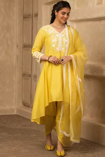 Sun kissed yellow hand embroidered  a- line chanderi suit
