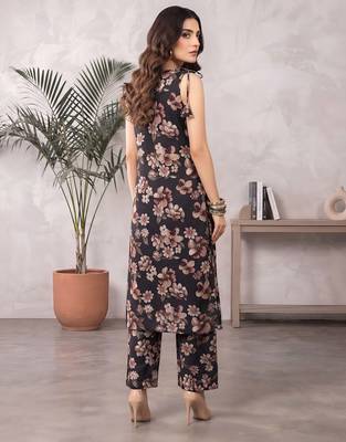 Black floral printed viscose rayon kurta set 2