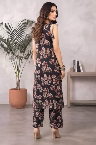 Black floral printed viscose rayon kurta set