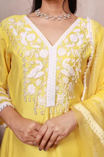 Sun kissed yellow hand embroidered  a- line chanderi suit