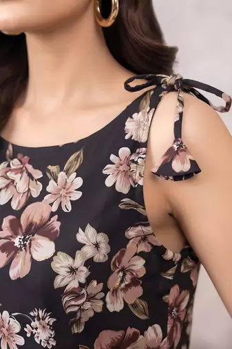 Black floral printed viscose rayon kurta set