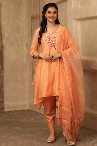 Amber peach hand embroidered  a line suit
