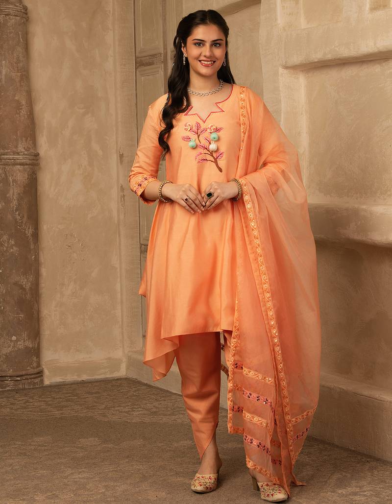 Amber peach hand embroidered  a line suit